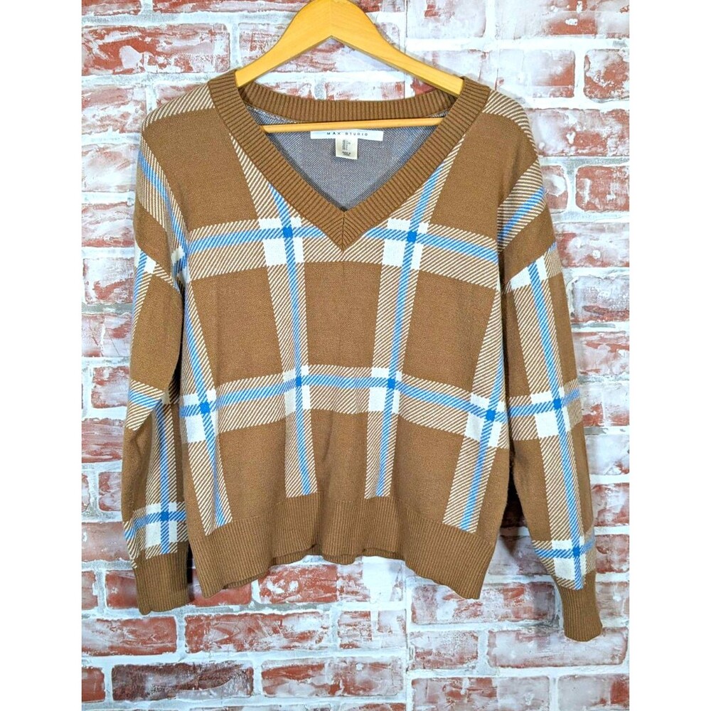 Max Studio V-Neck Plaid Tight-Knit Preppy Grandpacore Camel Blue Sweater